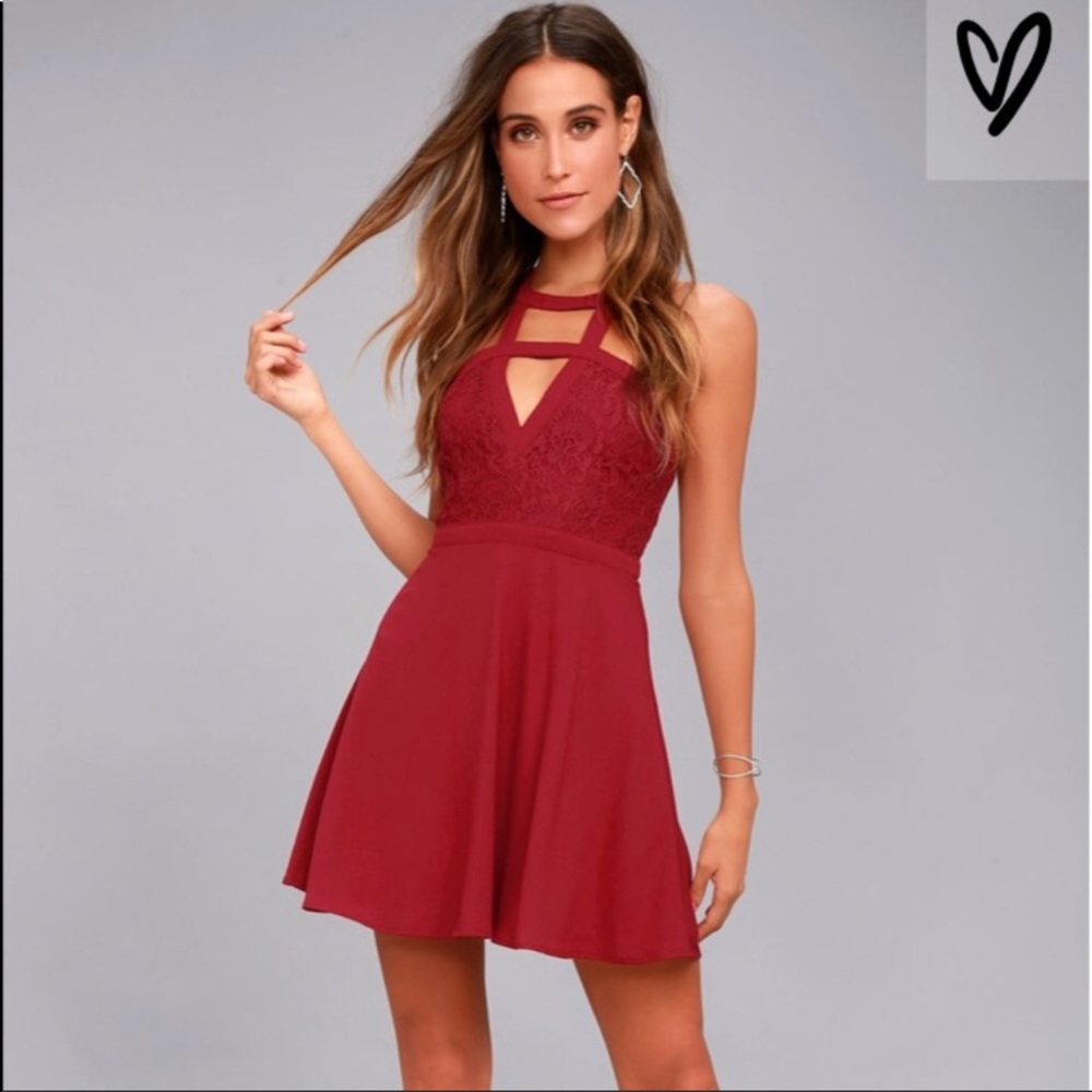 LULUS ALL MY DAYDREAMS WINE RED LACE SKATER DRESS